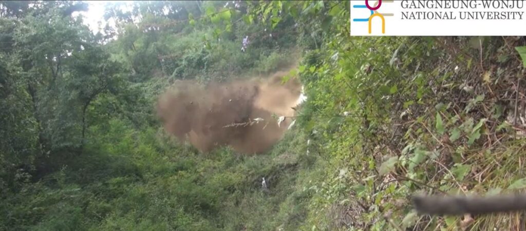 The arrival of the debris flow front at Jinbu in South Korea.