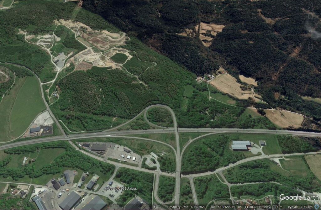 Google Earth image of the site of the 23 September 2023 landslide at Stenungsund in Sweden.