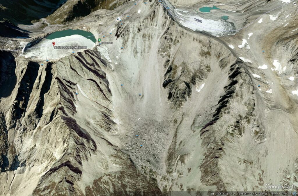Google Earth image of the most likely location of the highly mobile boulders in Ticino, Switzerland.