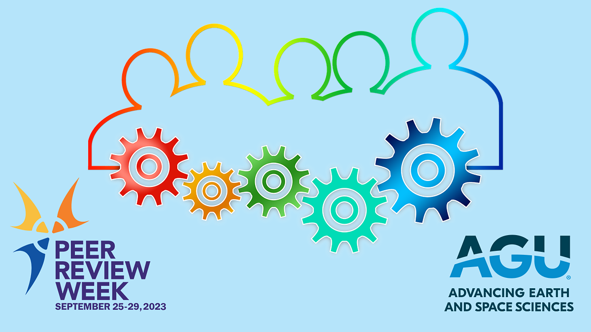 AGU and Peer Review Week logos with an illustration of gears and people in the background.