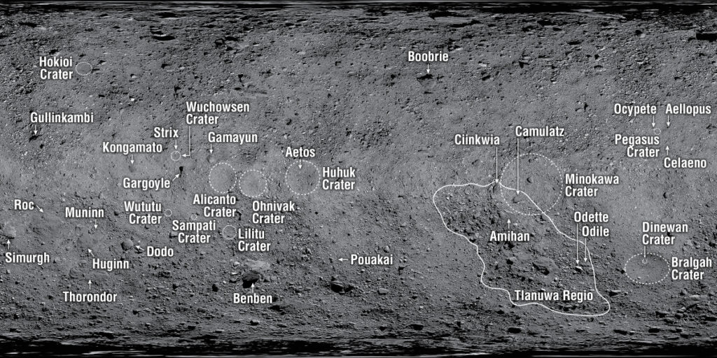 A panoramic image of Bennu’s surface with marks showing the locations of notable features on the asteroid’s surface.