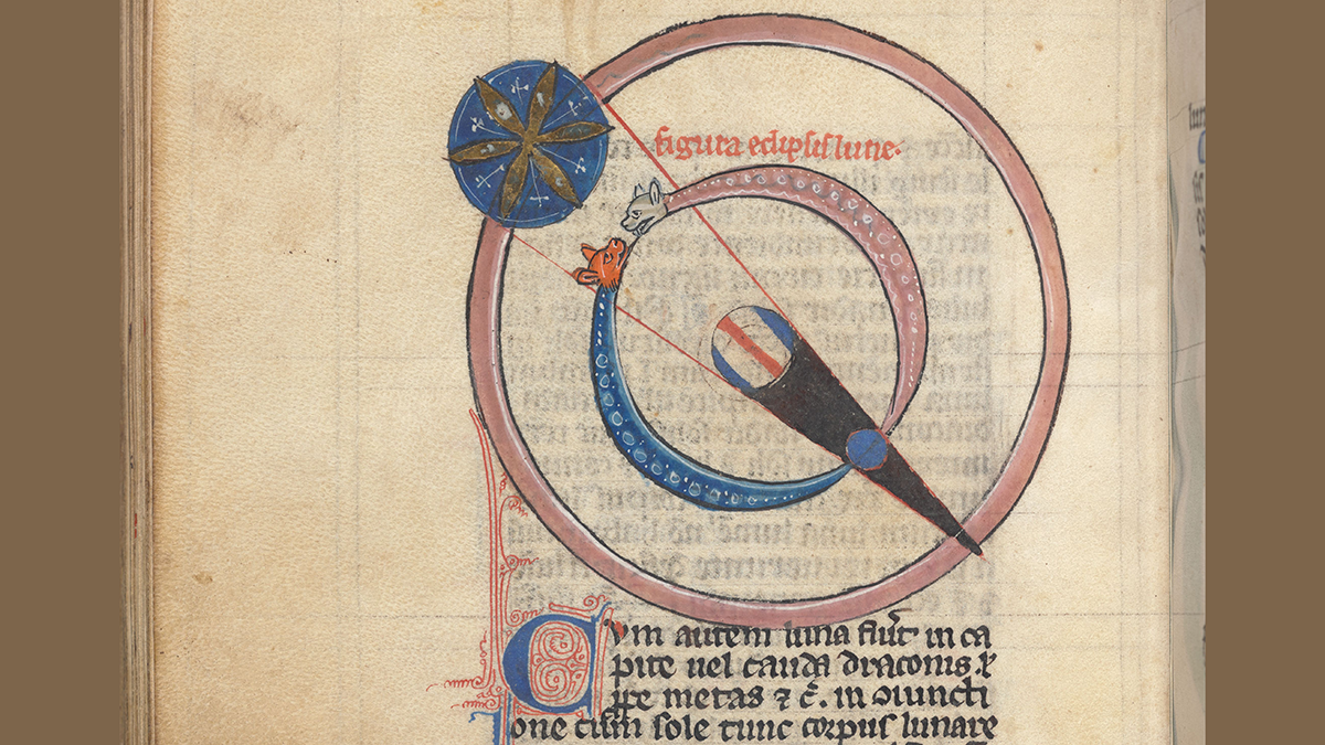 A page from an ancient text with text and a drawing of circles and other shapes depicting an eclipse
