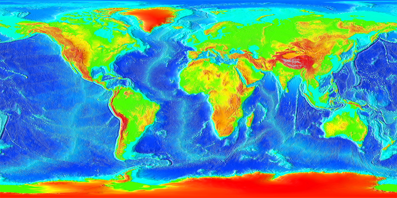 A colorful relief map of Earth