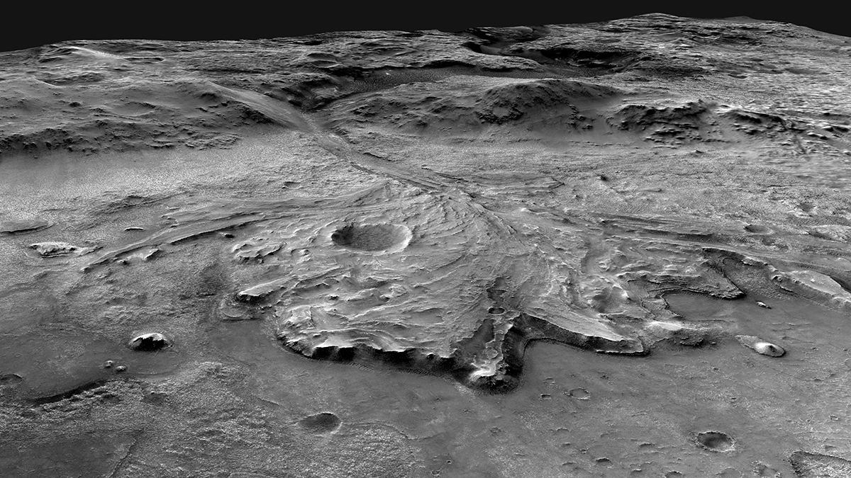 Black-and-white oblique view of an ancient delta on Mars’s surface taken by a satellite