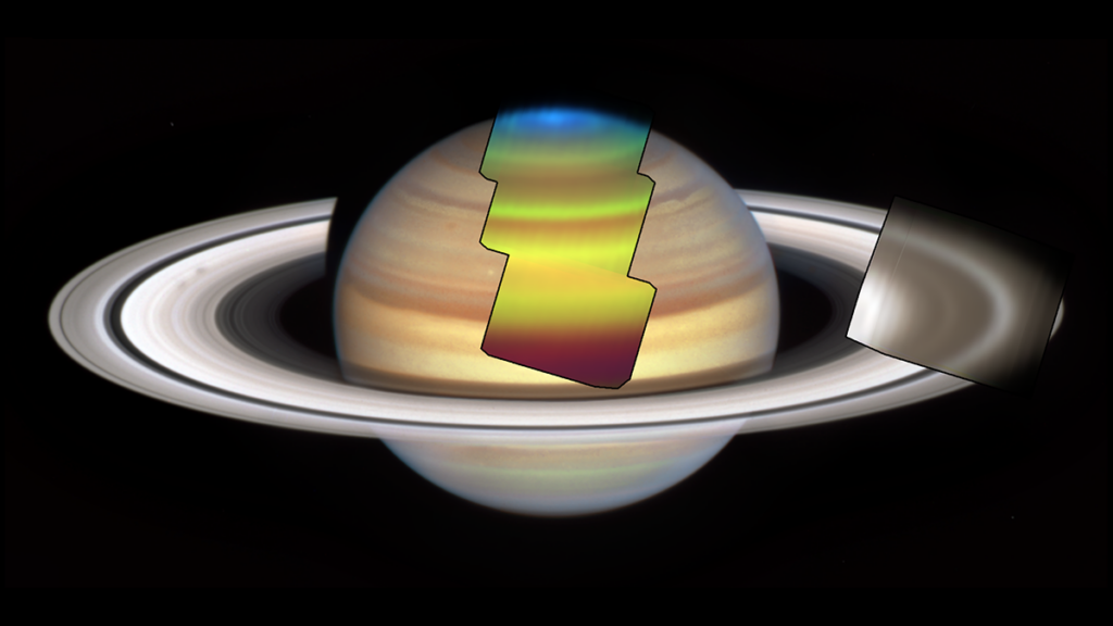 A brownish and gray image of the ringed planet Saturn appears against a black background, with portions of its northern hemisphere and rings overlain with colorful new spacecraft images.