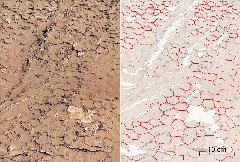 A photo of hexagonal patterns in the red Martian surface