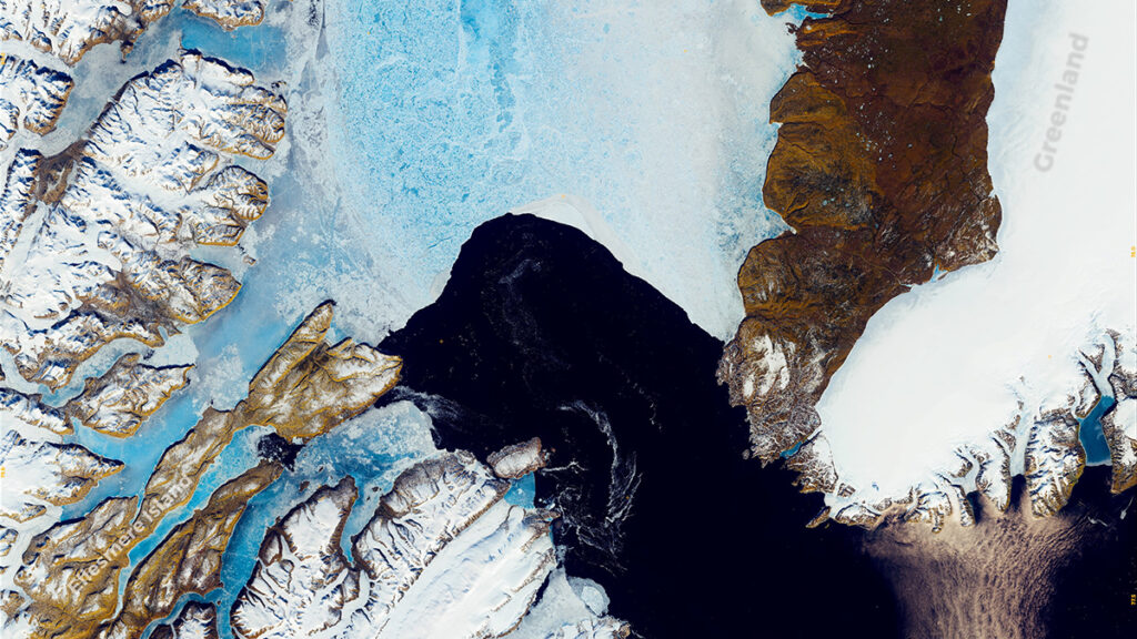 A satellite image shows blue sea ice in the Nares Strait and open water toward the bottom of the image.