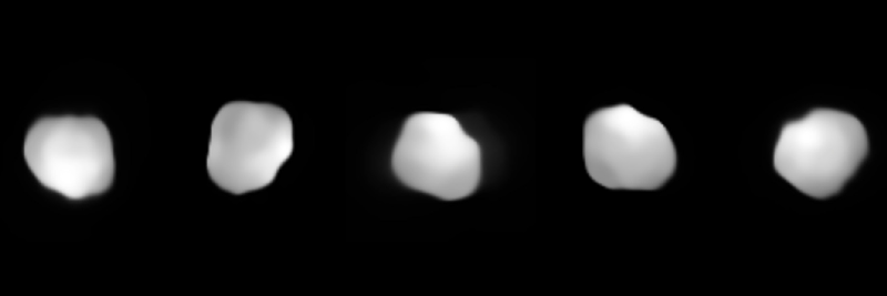 Several small, irregularly shaped gray-white objects show asteroid Psyche from different angles.