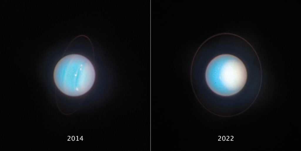 Side-by-side images of Uranus taken by the Hubble Space Telescope. The left-hand image was taken in 2014 and shows the planet as a bright blue orb with white stripes, several storms in the right-hand (northern) hemisphere, and a gray north pole. The right-hand image shows Uranus in 2022. Its north pole glows in white, while the remainder of the planet is a cool blue with no stripes or storms.
