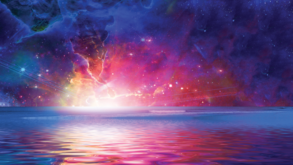 Illustration of a water-covered planet viewed from its surface: In the foreground is rippling water reflecting pink, yellow, and white light from a glowing phenomenon in the distance, in the middle of the illustration. Surrounding the bright phenomenon are bright stars and translucent clouds visible in front of a dark background.