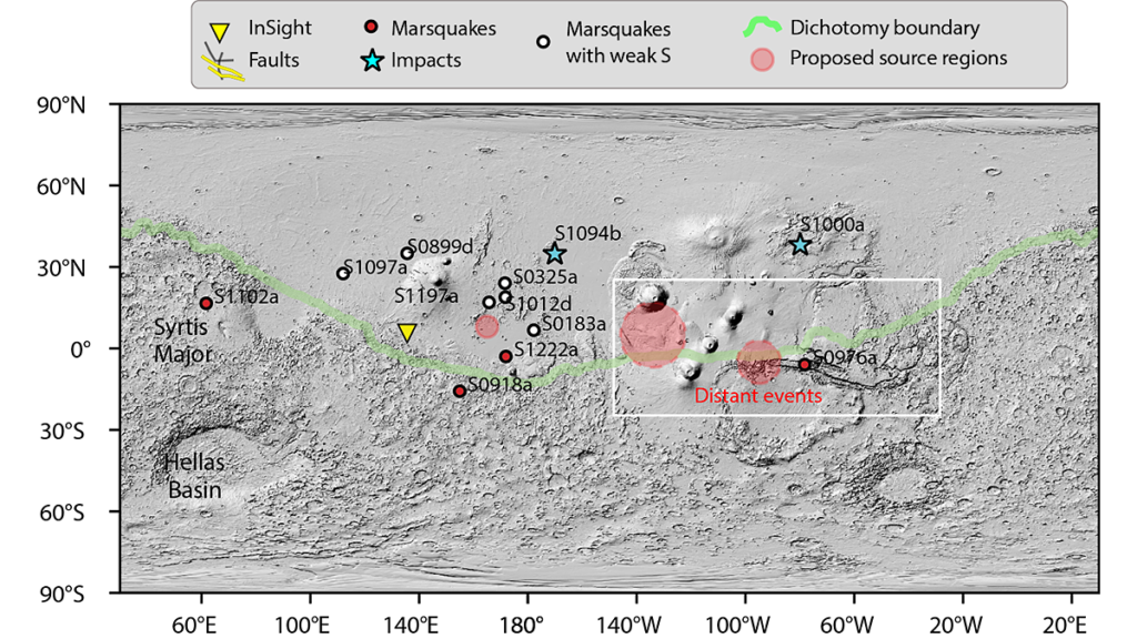 Map of Mars surface with symbols indicating seismic activity.