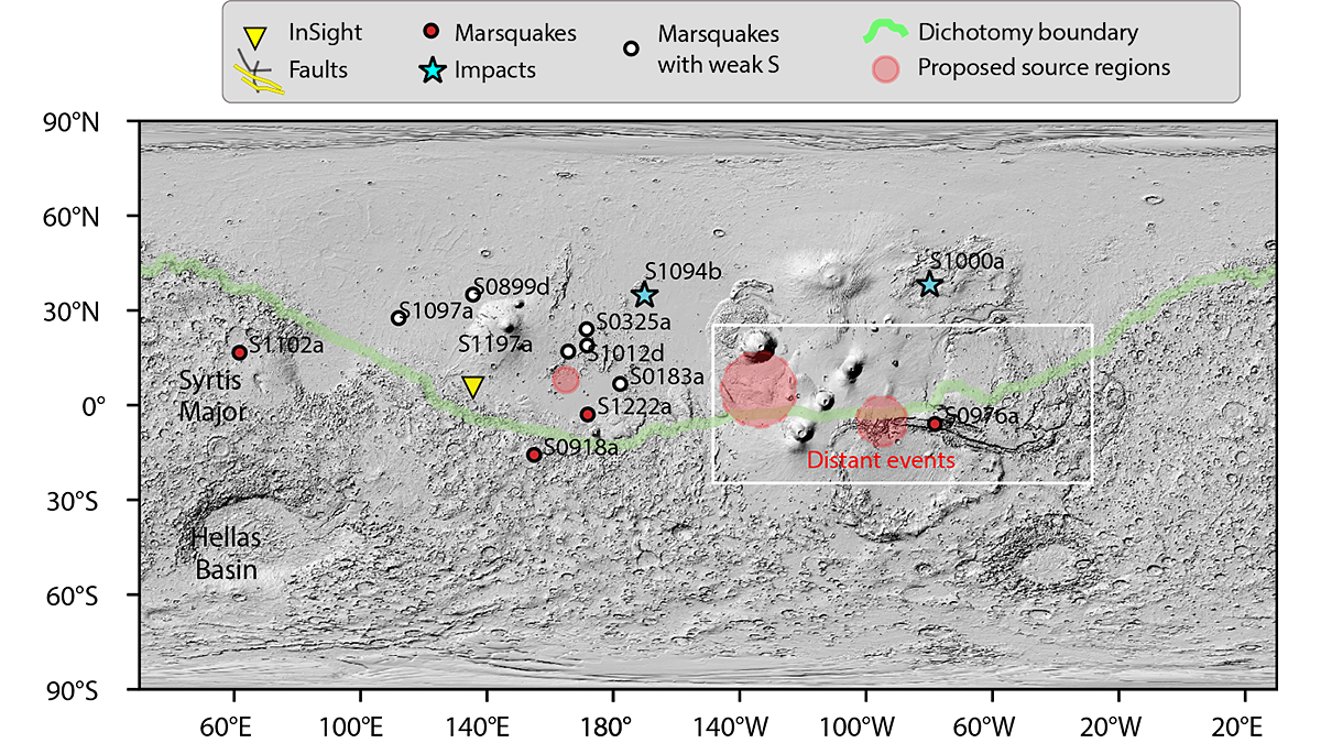 Map of Mars surface with symbols indicating seismic activity.