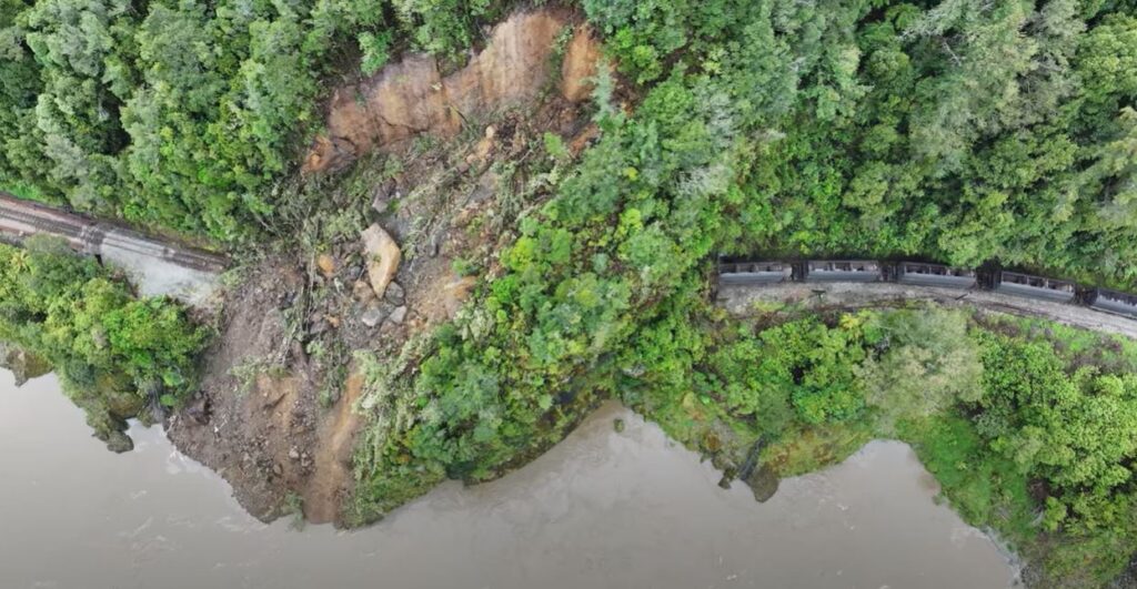 Vertical image of the 16 October 2023 landslide that derailed a train in the Buller Gorge in New Zealand.
