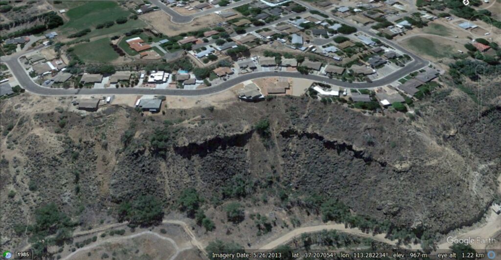Google Earth image of the LaVerkin Bench in May 2013, showing the developmemt of a substantial landslide on the left side of the slope as shown in the image.