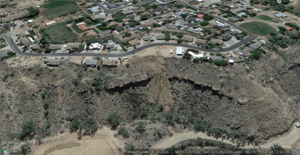 Google Earth image of the LaVerkin Bench in April 2021, showing the development of a second area of landsliding on the right side of the slope as shown in the image. Two houses had been demolished.