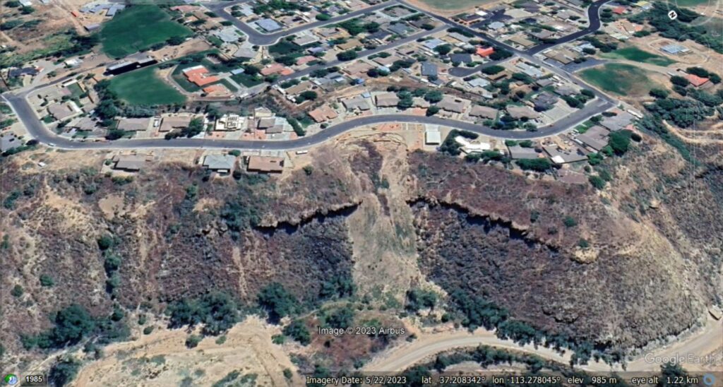 Google Earth image of the LaVerkin Bench in May 2023, showing enlargement of the areas of landsliding.