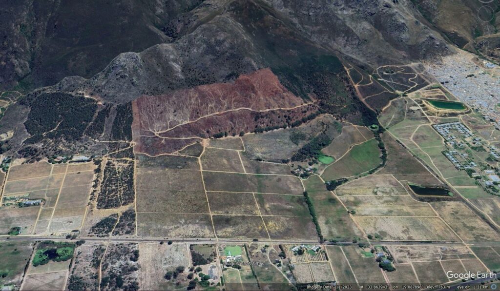 Google Earth image of the site of the landslides at Franschhoek in South Africa.