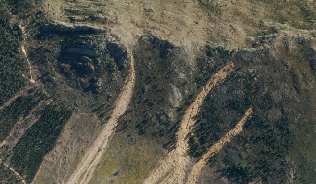 Detail of the source areas of three of the multiple landslides at Franschhoek in South Africa.
