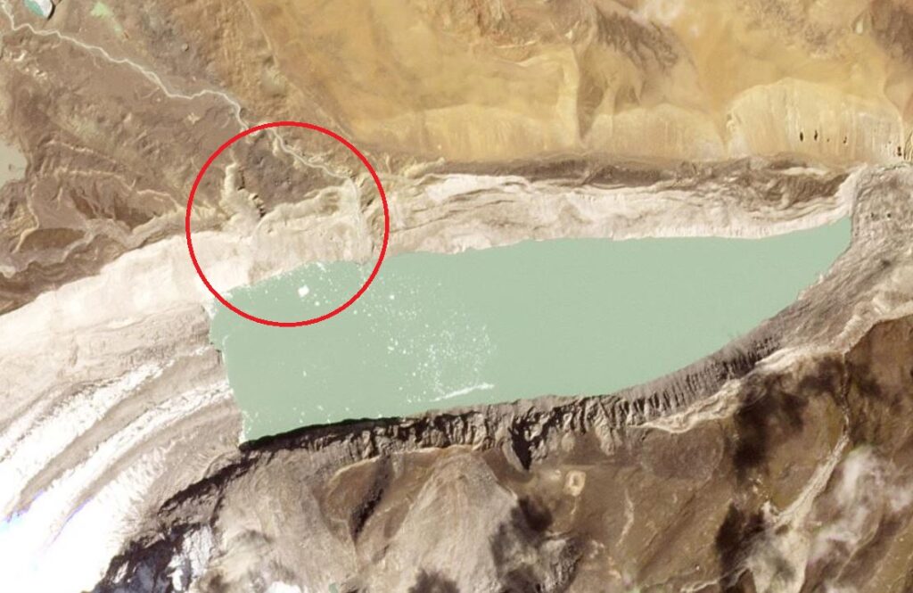 Planet Labs satellite image of the area of deformation above South Lhonak lake in Sikkim, India, before the landslide and GLOF.