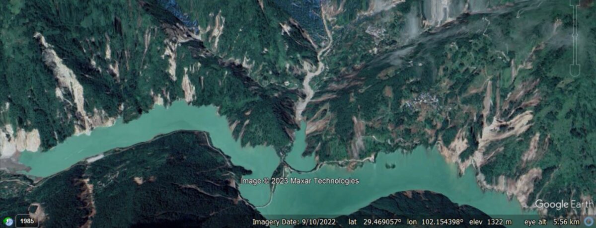 Google Earth imagery taken a few days after the 5 September 2022 Luding Earthquake, showing landslides triggered by the earthquake.