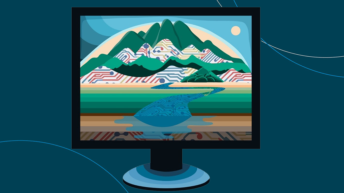 Illustration of a computer screen with mountains and a river.