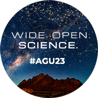 In this circular image, the words “Wide. Open. Science. #AGU23“ appear over galaxies and stars at the top fading downward into the night sky over a shadowed rock formation.