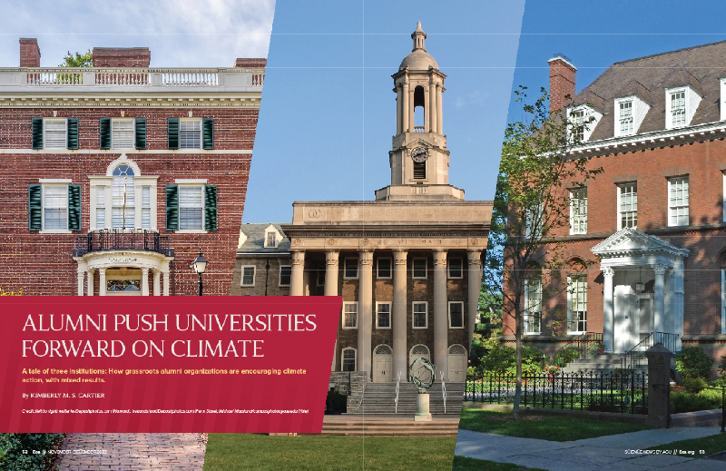 The opening spread of the print version of the Eos article “Alumni Push Universities Forward on Climate” by staff writer Kimberly M. S. Cartier