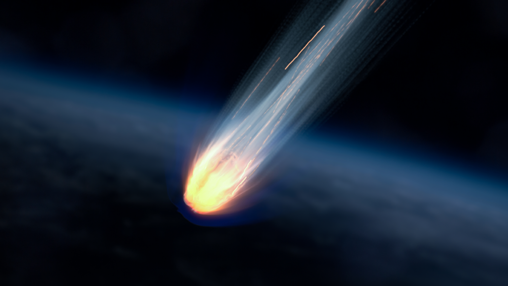 A flaming asteroid entering a planet’s atmosphere