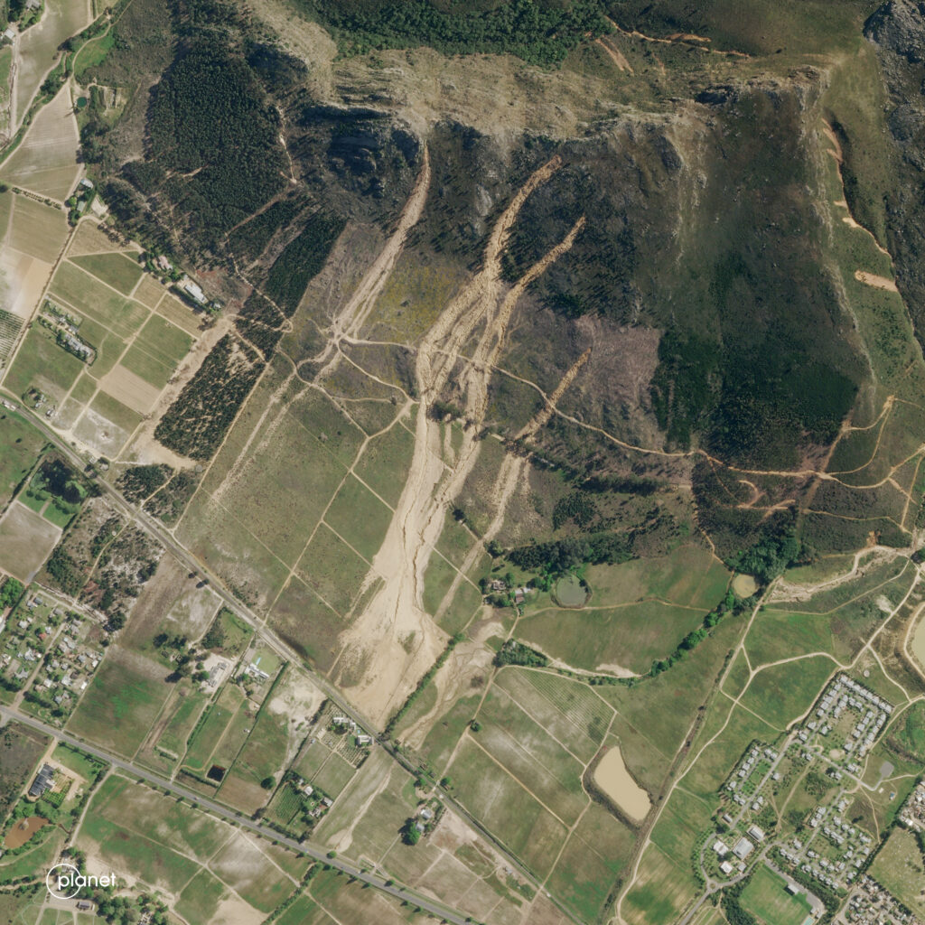 The multiple landslides at Franschhoek in South Africa.