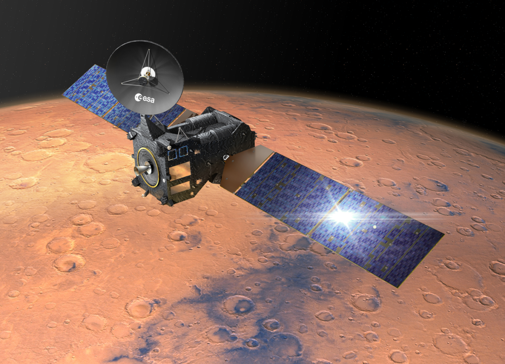 An artist’s depiction of a rectangular spacecraft with two rectangular wings orbiting above Mars.
