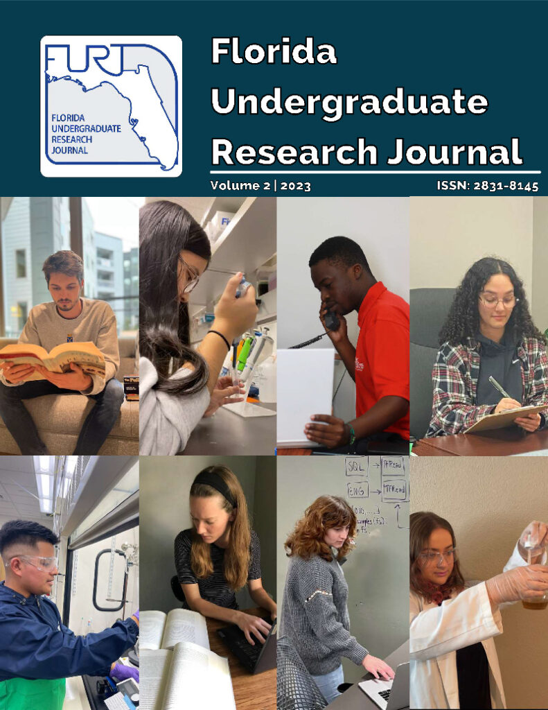 Cover of an issue of the Florida Undergraduate Research Journal with photos of undergraduate researchers below the journal logo and title