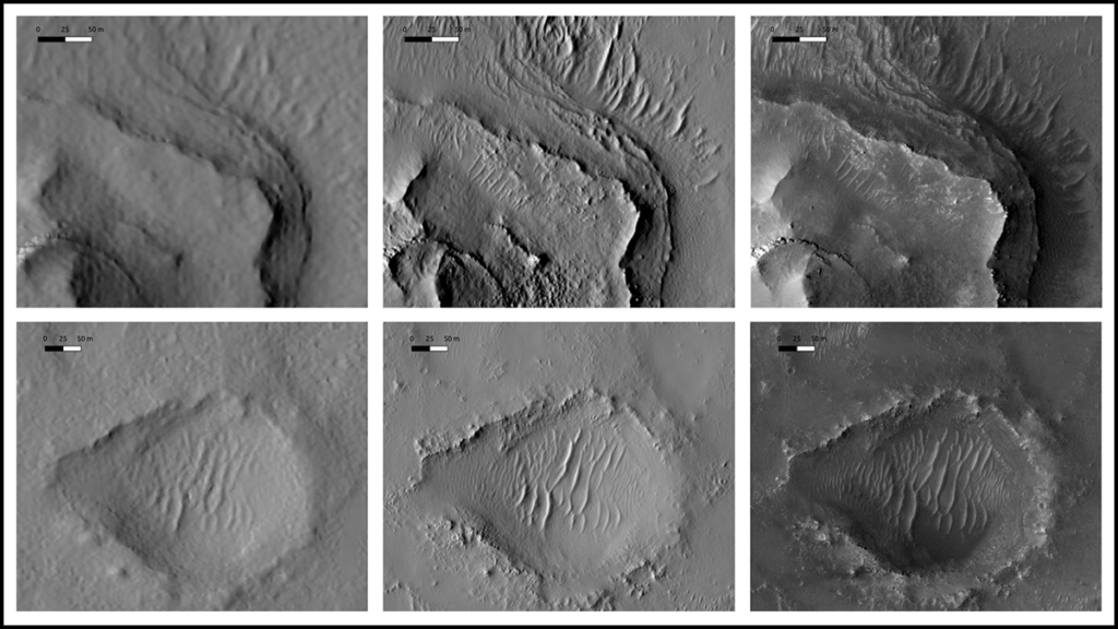 A grid of six black-and-white images, with three images each of two areas on the Martian surface. The images in the center from the HiRISE MADNet digital terrain model mosaic are the sharpest, with the highest resolution.