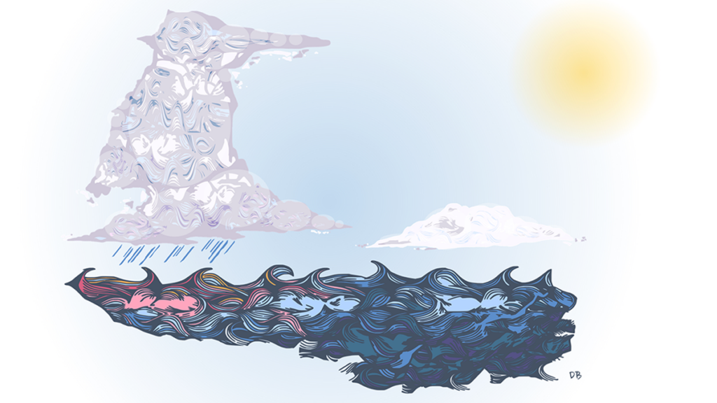 A stylized illustration shows rain falling from a tall storm cloud over part of the ocean surface in the left of the image, and the sun shining on the right side of the image.