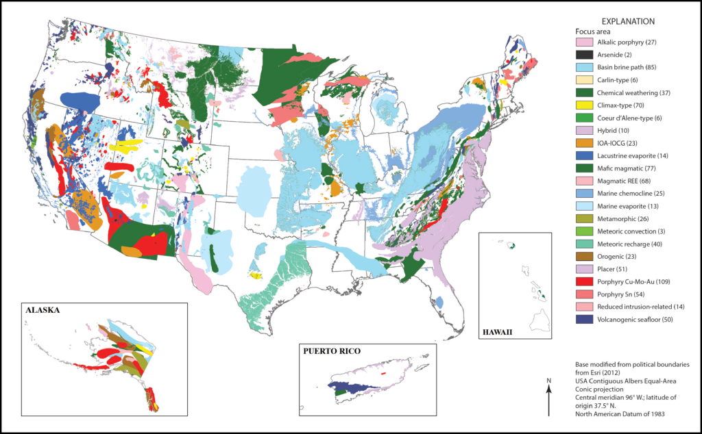 Map of the United States showing footprints of different types of mineral systems—each denoted by a different color—with inset maps for Alaska, Puerto Rico, and Hawaii