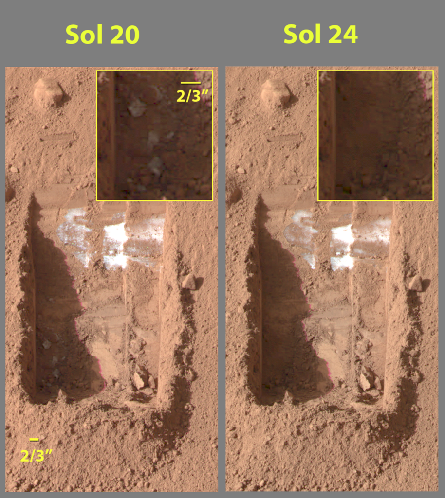 A pair of images of pit dug by the Phoenix lander showing white ice that is partially missing in the latter photo.