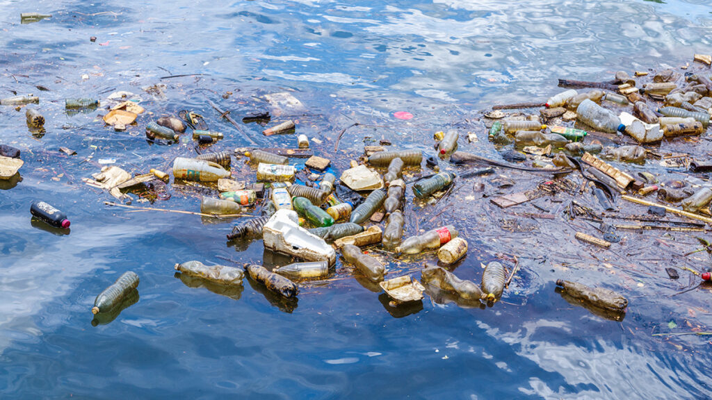 Plastic bottles and other pieces of trash float in blue water.