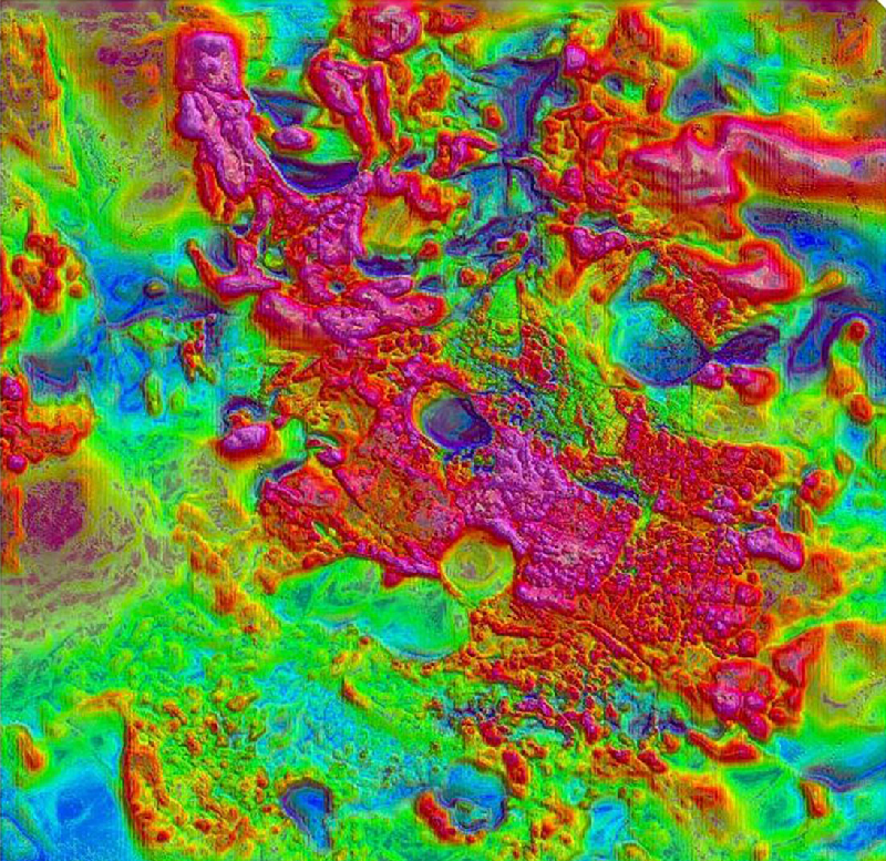 An artificially colored relief map showing the results of an aeromagnetic survey completed in southeast Missouri
