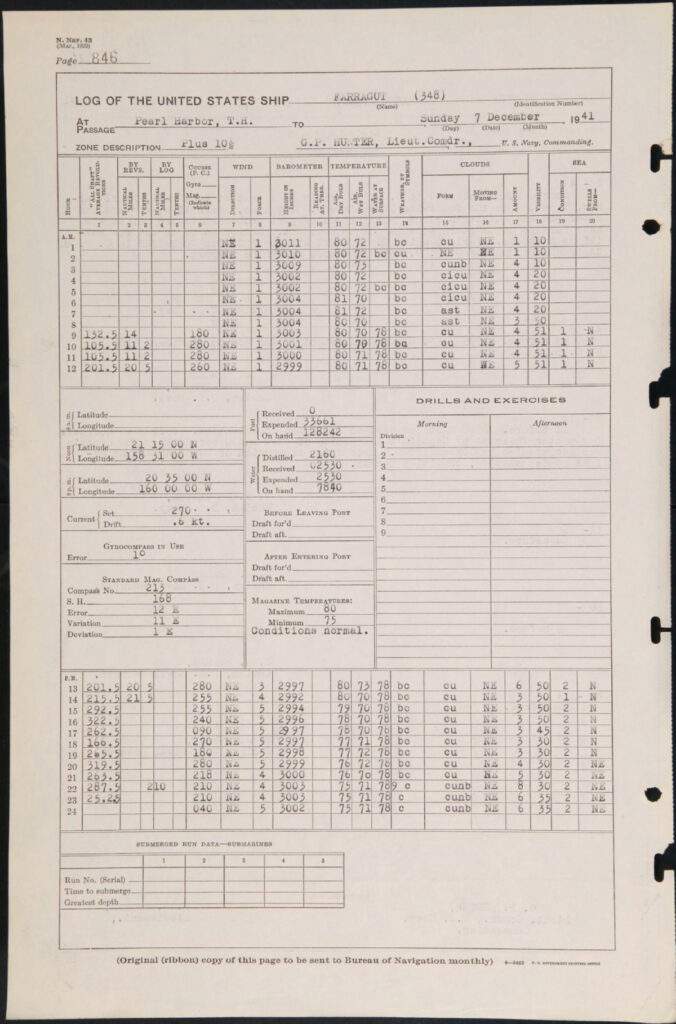 Sepia-tinted photograph of a navy ship logbook page with black printed text.