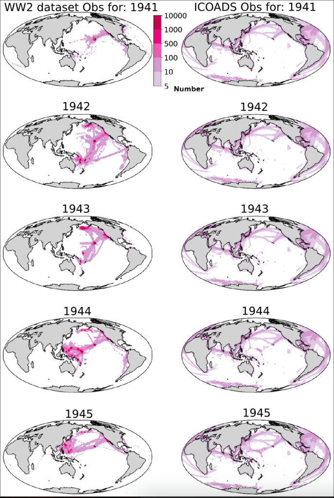 Ten world maps centered on the Pacific Ocean, organized in two columns and five rows. Data points in pink indicate locations where historical weather data have been logged.