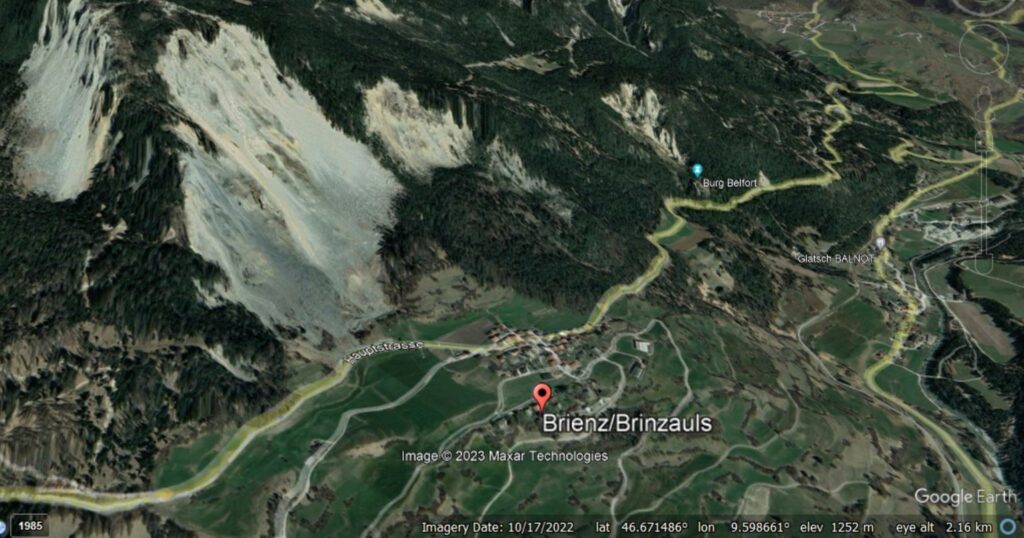 Google Earth image of the rockfall site at Brienz/Brinzauls (Switzerland).