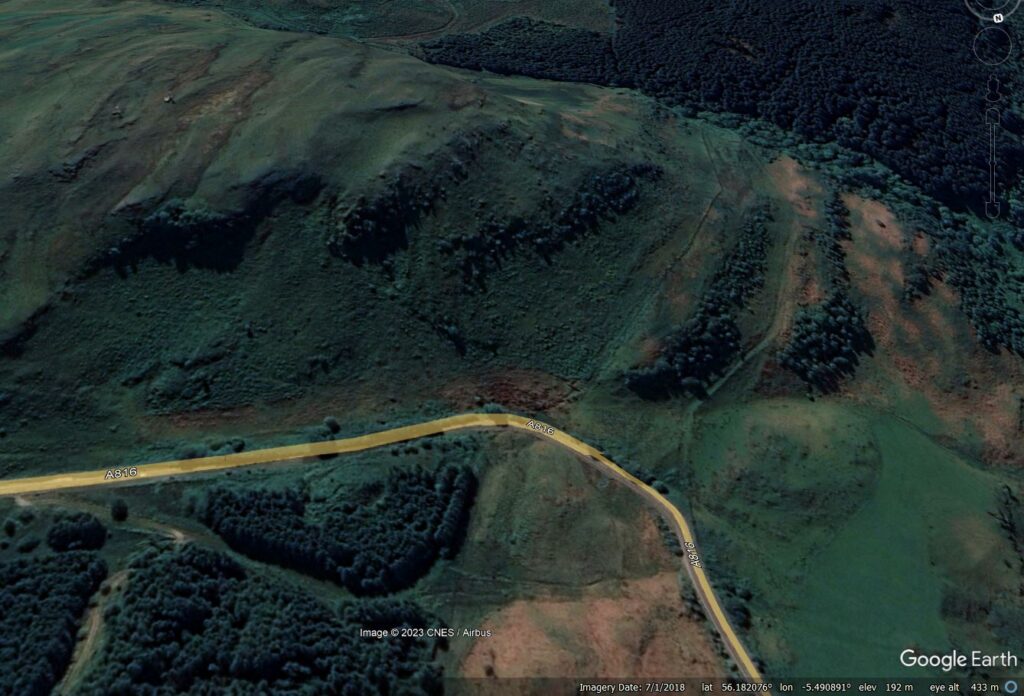 Google Earth image of the site of the landslide that has caused major disruption to Ardfern in Scotland.