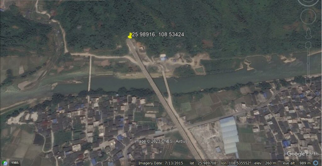 Google Earth image from July 2015 showing the location of high speed train crash at Rongjiang.