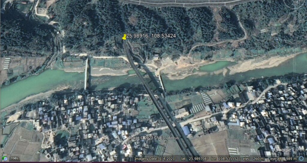 Google Earth image from January 2021 showing the location of high speed train crash at Rongjiang.