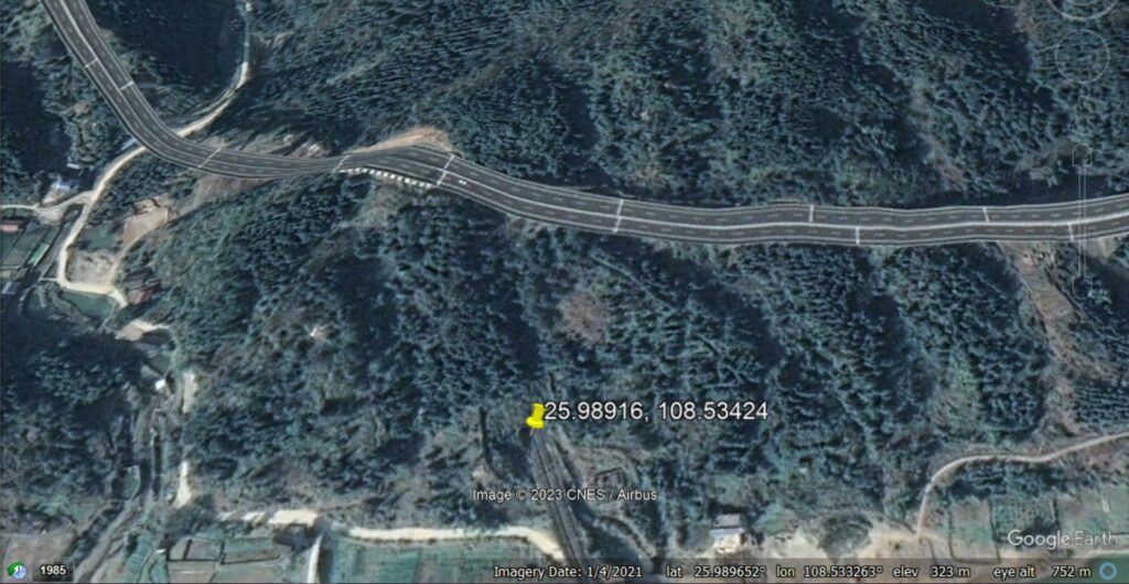 Google Earth image from January 2021 showing in detail the location of high speed train crash at Rongjiang.