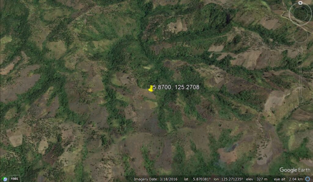 Google Earth imagery of the potential site of the earthquake induced landslides at Barangay Mudan in Glan, Sarangani Province in the Philippines.