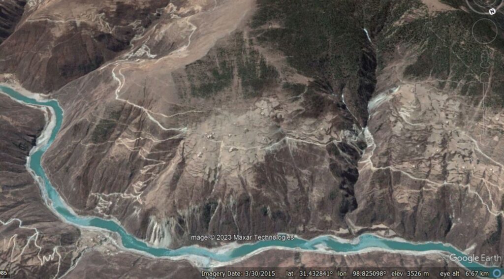 Google Earth view of the Woda landslide on the Jinsha River.