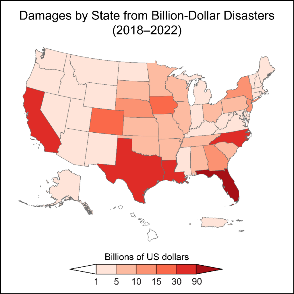 A map showing how much states have spent on billion-dollar disasters