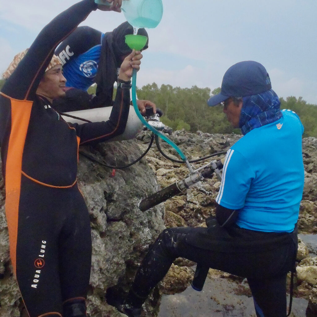 Three researchers drill into a coral boulder to collect a core sample.