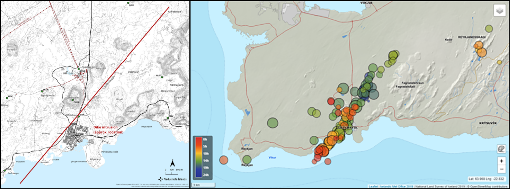 Side-by-side maps of southwest Iceland show the path of a dike intrusion marked in red and a swarm of earthquakes along that path.