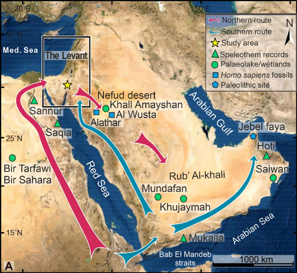 Map illustrating possible routes out of Africa by Homo sapiens